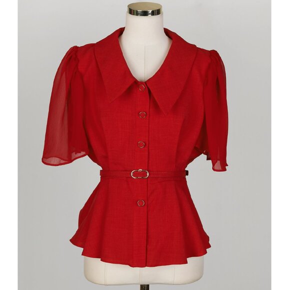 Chiffon Wing Sleeves Peplum Blouse in Red (Belt Set) - Picture 4 of 9